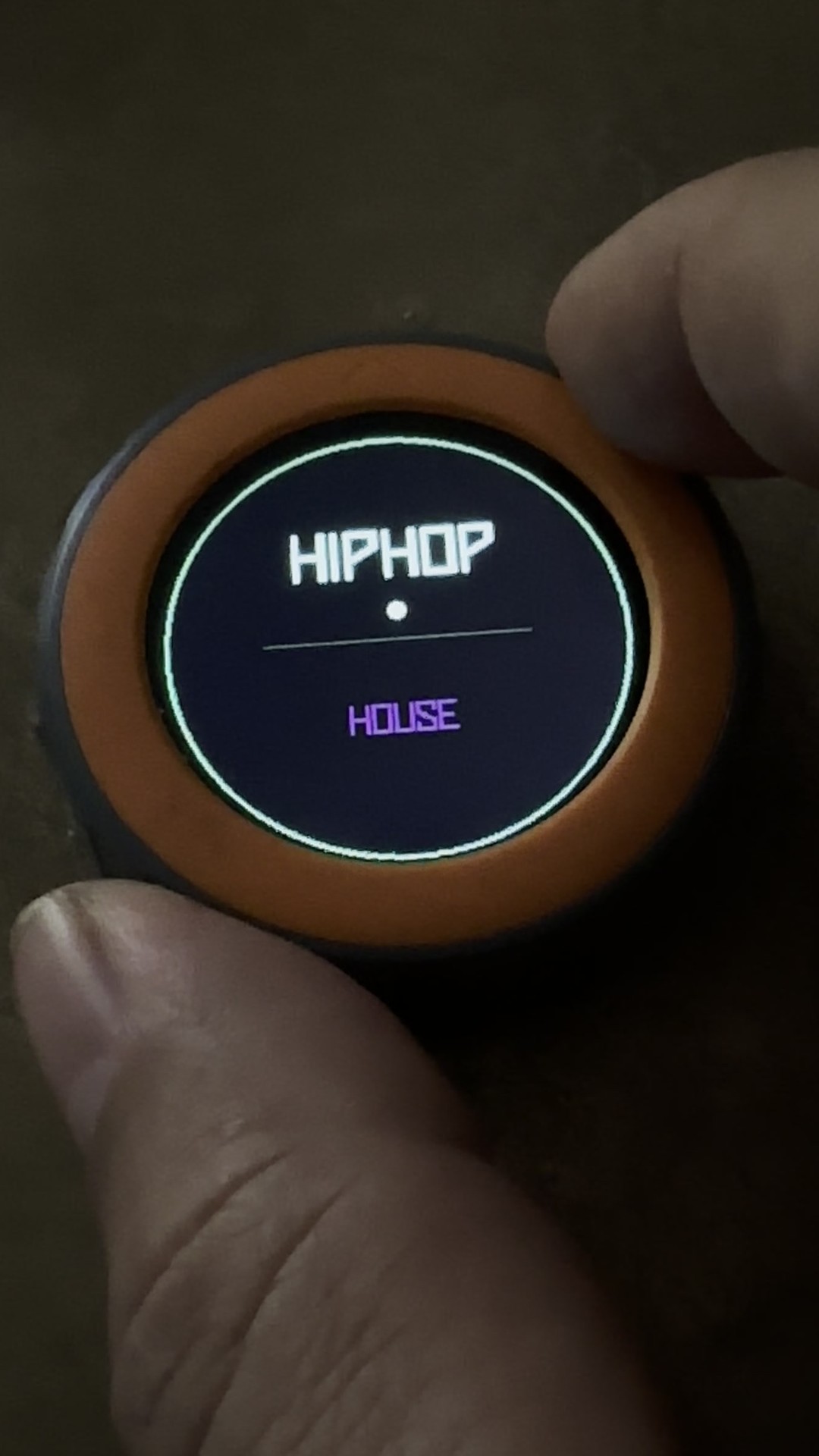 Nahaufnahme einer Scheibe zwischen zwei Fingern: das Display zeigt HIPHOP über einer Trennlinie und darunter HOUSE in Magenta